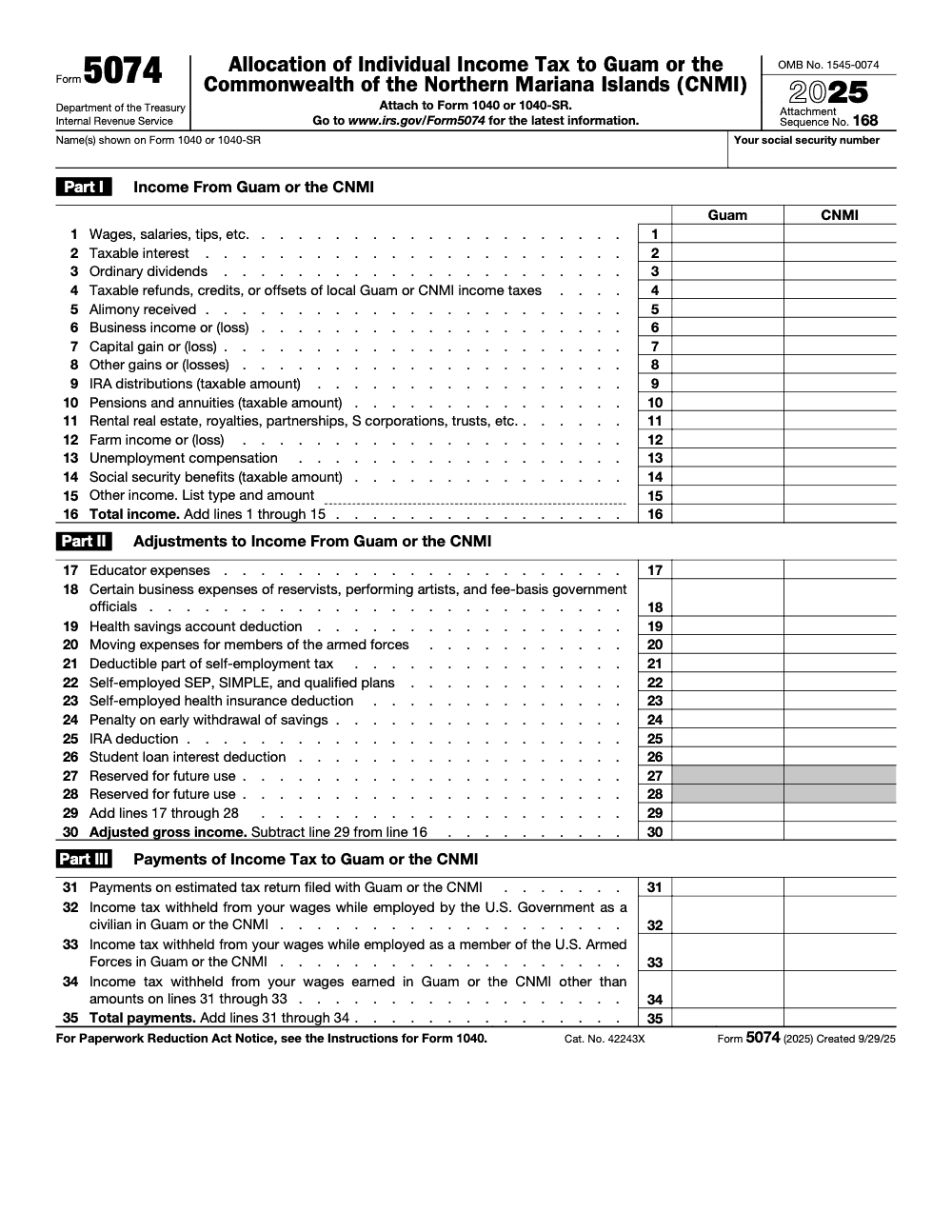 Page 1 of 4 of the official IRS Form 5074 PDF (2025 edition): Parts I, II