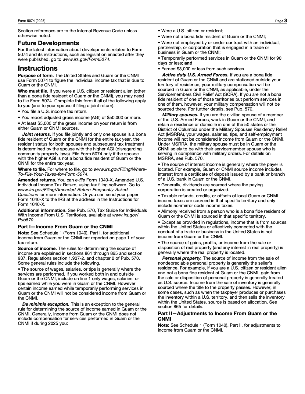 Page 3 of 4 of the official IRS Form 5074 PDF (2025 edition): Part I