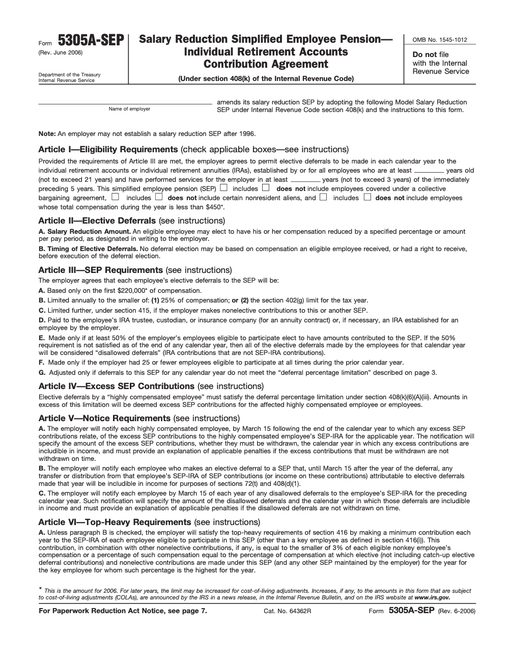 Page 1 of 8 of the official IRS Form 5305-A-SEP PDF (Rev. June 2006)