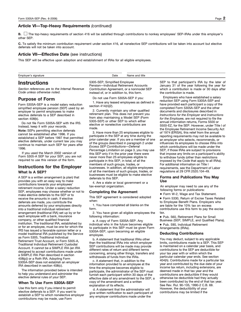 Page 2 of 8 of the official IRS Form 5305-A-SEP PDF (Rev. June 2006)
