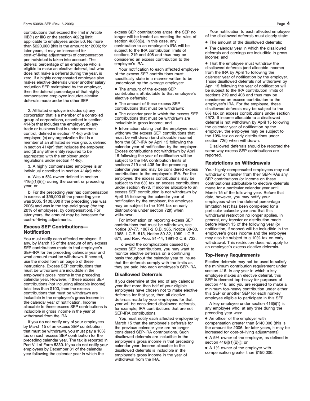 Page 4 of 8 of the official IRS Form 5305-A-SEP PDF (Rev. June 2006)