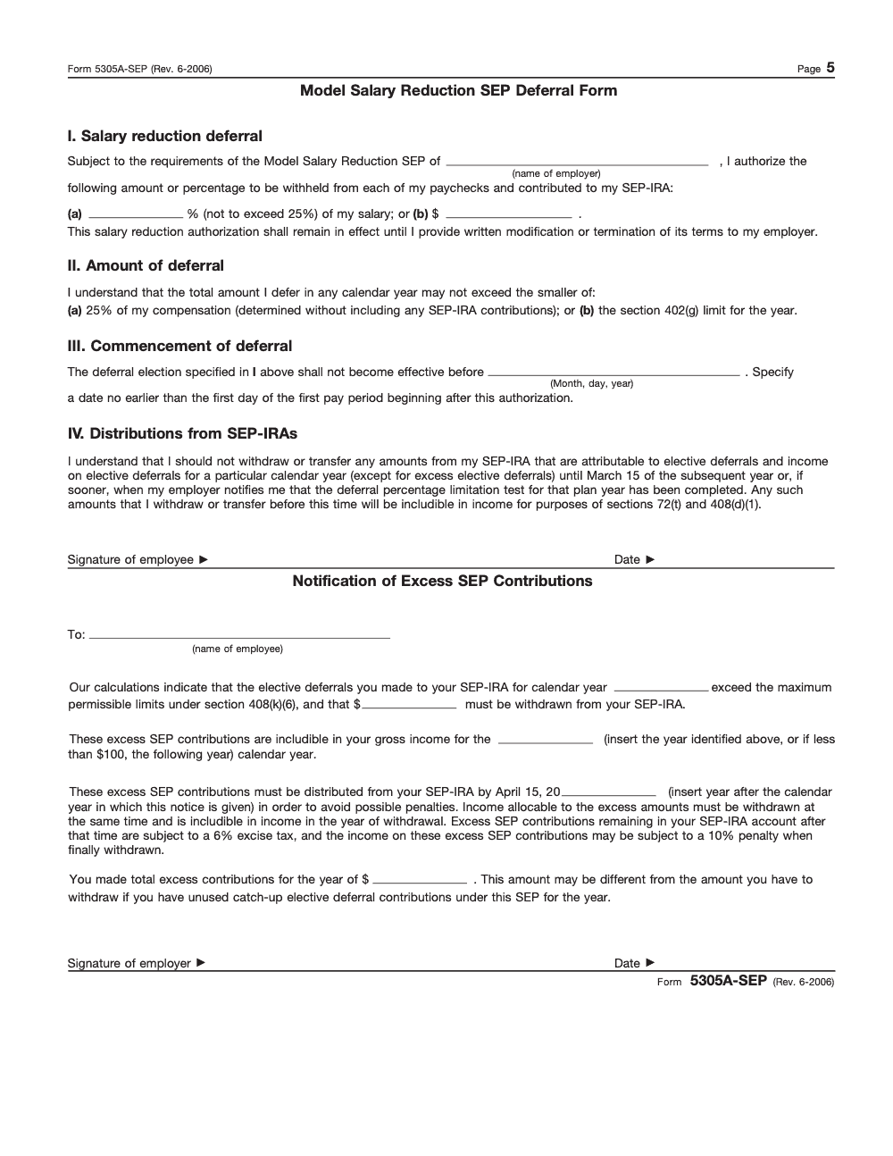 Page 5 of 8 of the official IRS Form 5305-A-SEP PDF (Rev. June 2006)