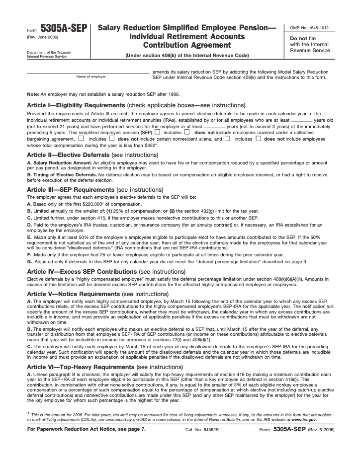 Page 1 of 8 of the official IRS Form 5305-A-SEP PDF (Rev. June 2006)