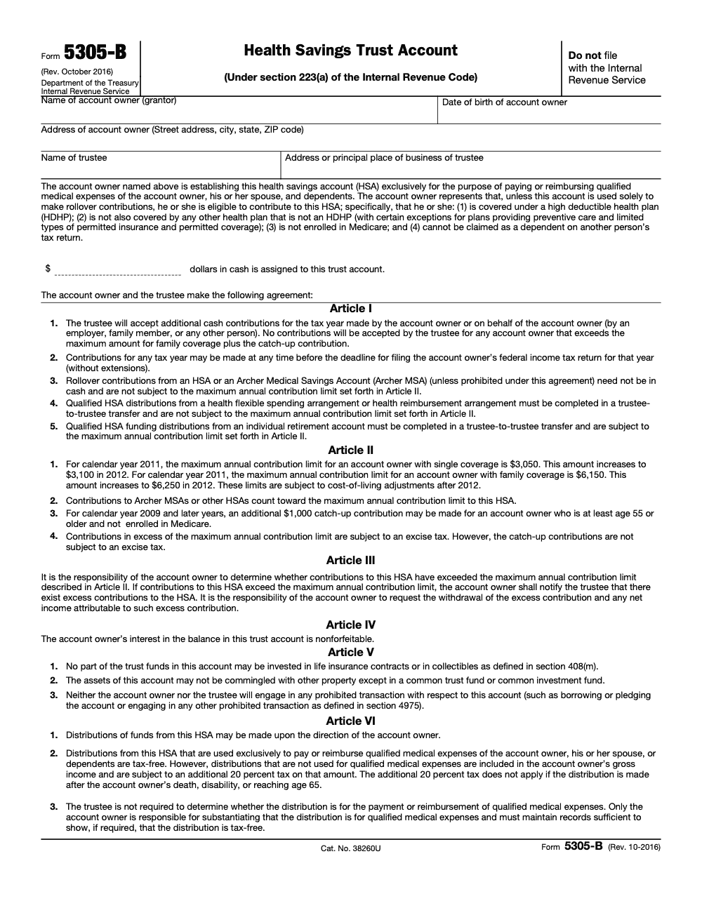 Page 1 of 2 of the official IRS Form 5305-B PDF (Rev. October 2016)