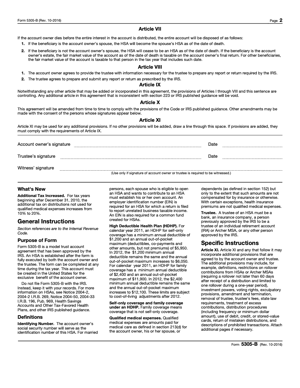 Page 2 of 2 of the official IRS Form 5305-B PDF (Rev. October 2016): instructions