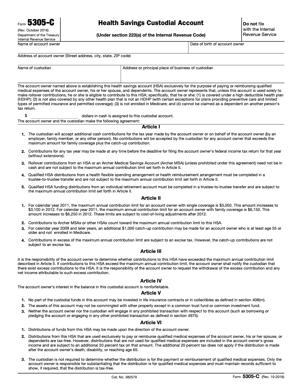 Page 1 of 2 of the official IRS Form 5305‑C PDF (Rev. October 2016)
