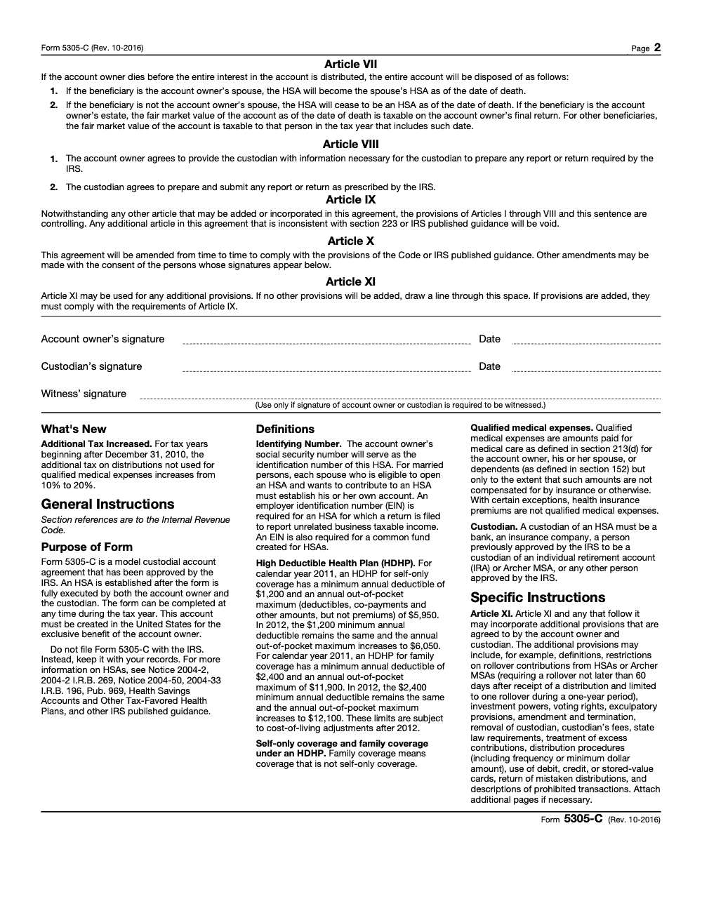 Page 2 of 2 of the official IRS Form 5305‑C PDF (Rev. October 2016): instructions