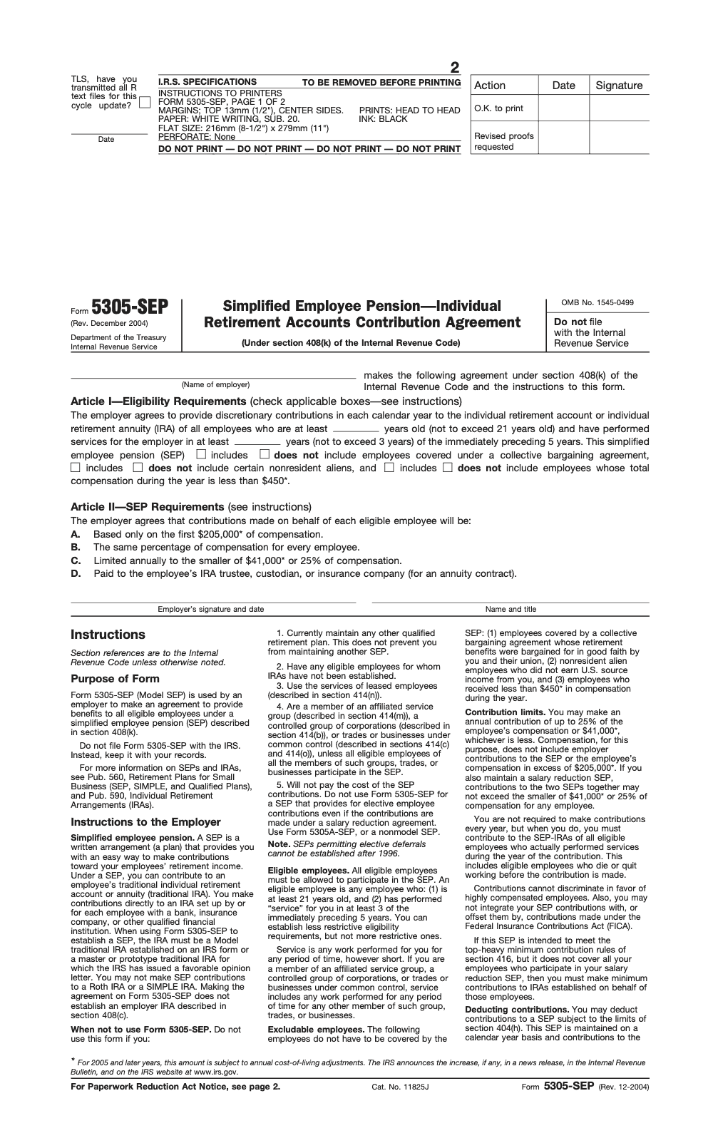 Page 1 of 2 of the official IRS Form 5305‑SEP PDF (Rev. December 2004)