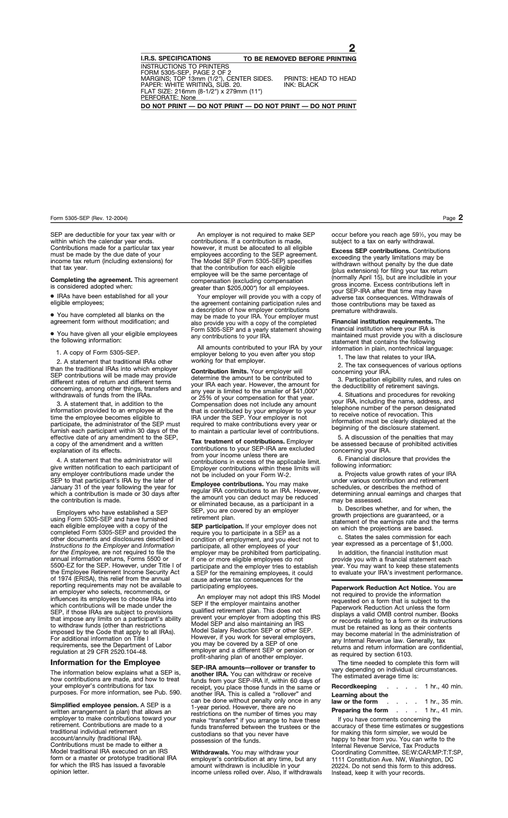 Page 2 of 2 of the official IRS Form 5305‑SEP PDF (Rev. December 2004)