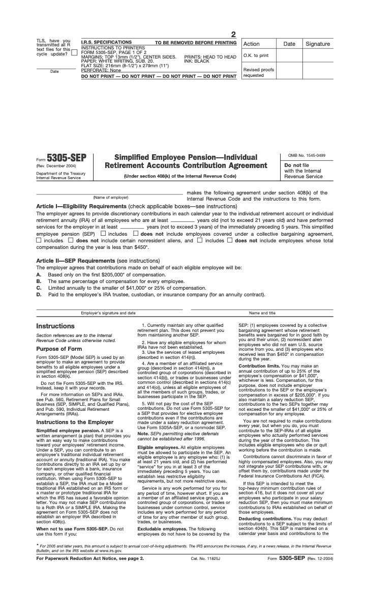 Page 1 of 2 of the official IRS Form 5305‑SEP PDF (Rev. December 2004)
