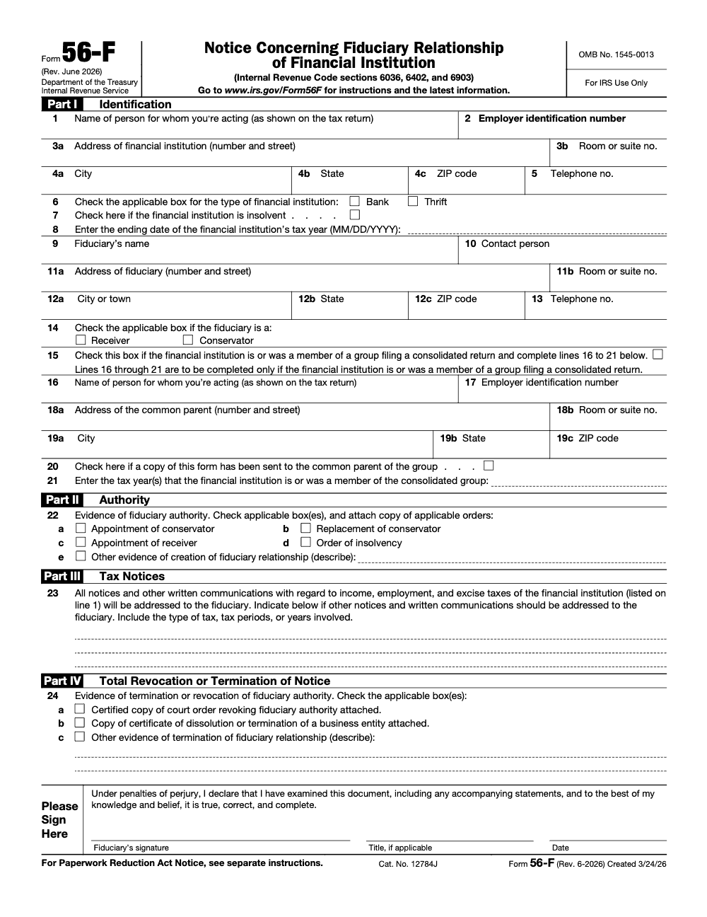 Page 1 of 1 of the official IRS IRS Form 56-F PDF (Rev. June 2026): Parts I, II, III, IV