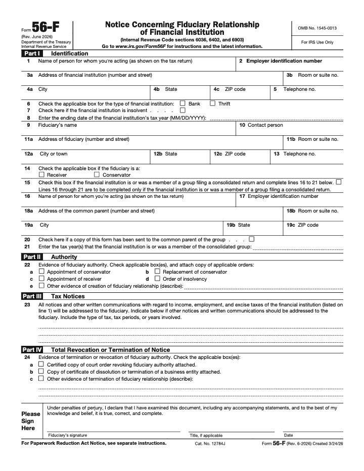 Page 1 of 1 of the official IRS IRS Form 56-F PDF (Rev. June 2026): Parts I, II, III, IV