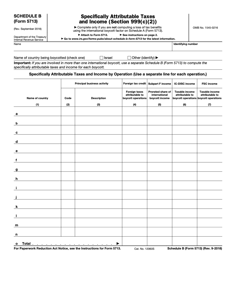 Page 1 of 2 of the official IRS Form 5713 Schedule B PDF (Rev. September 2018)