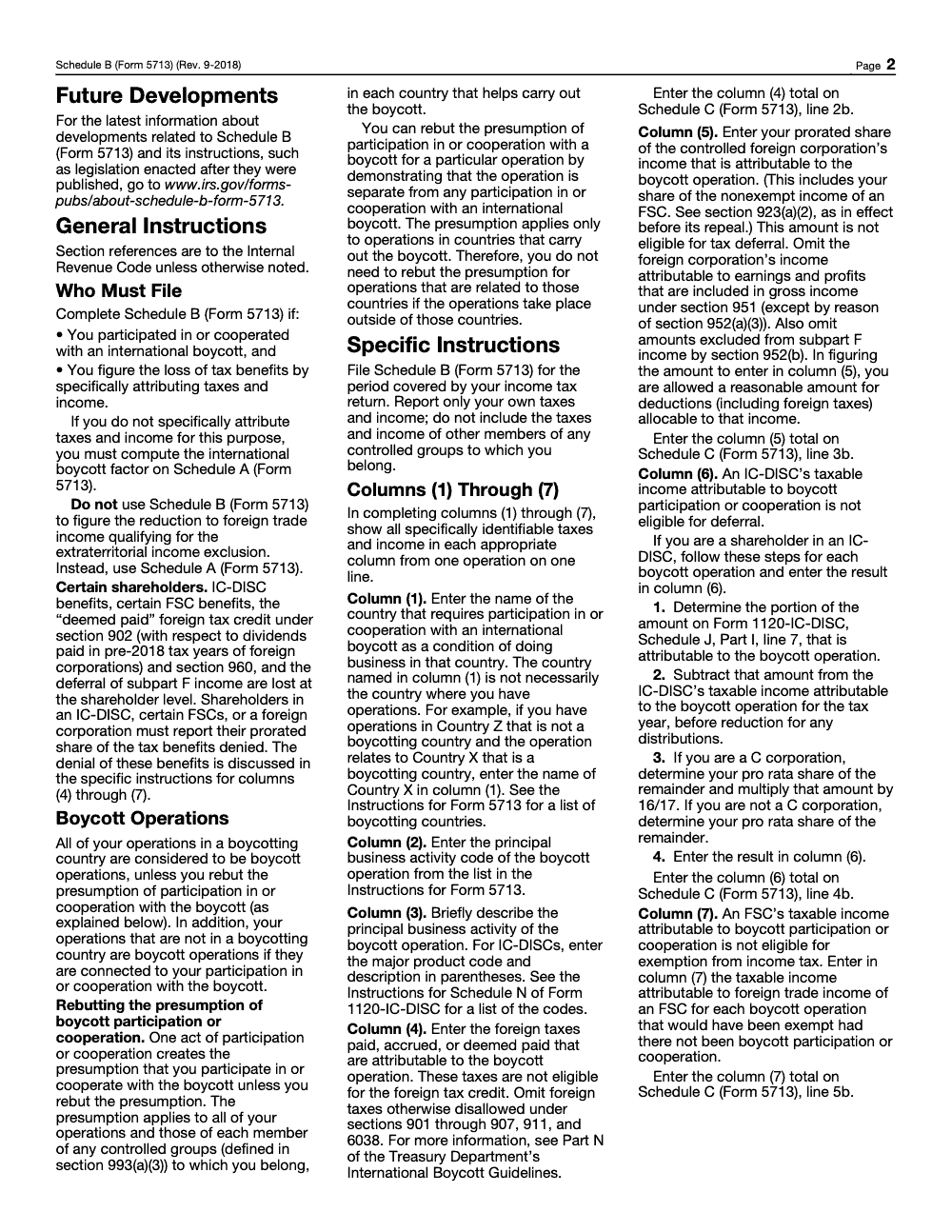 Page 2 of 2 of the official IRS Form 5713 Schedule B PDF (Rev. September 2018): instructions