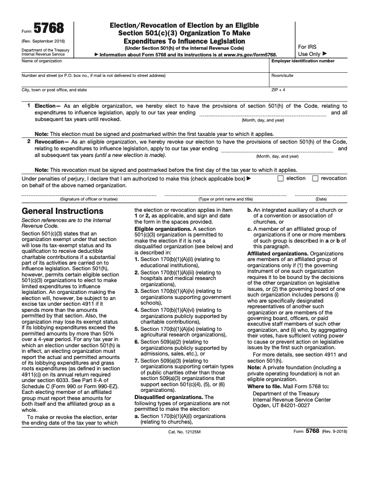 Page 1 of 1 of the official IRS Form 5768 PDF (Rev. September 2016): instructions