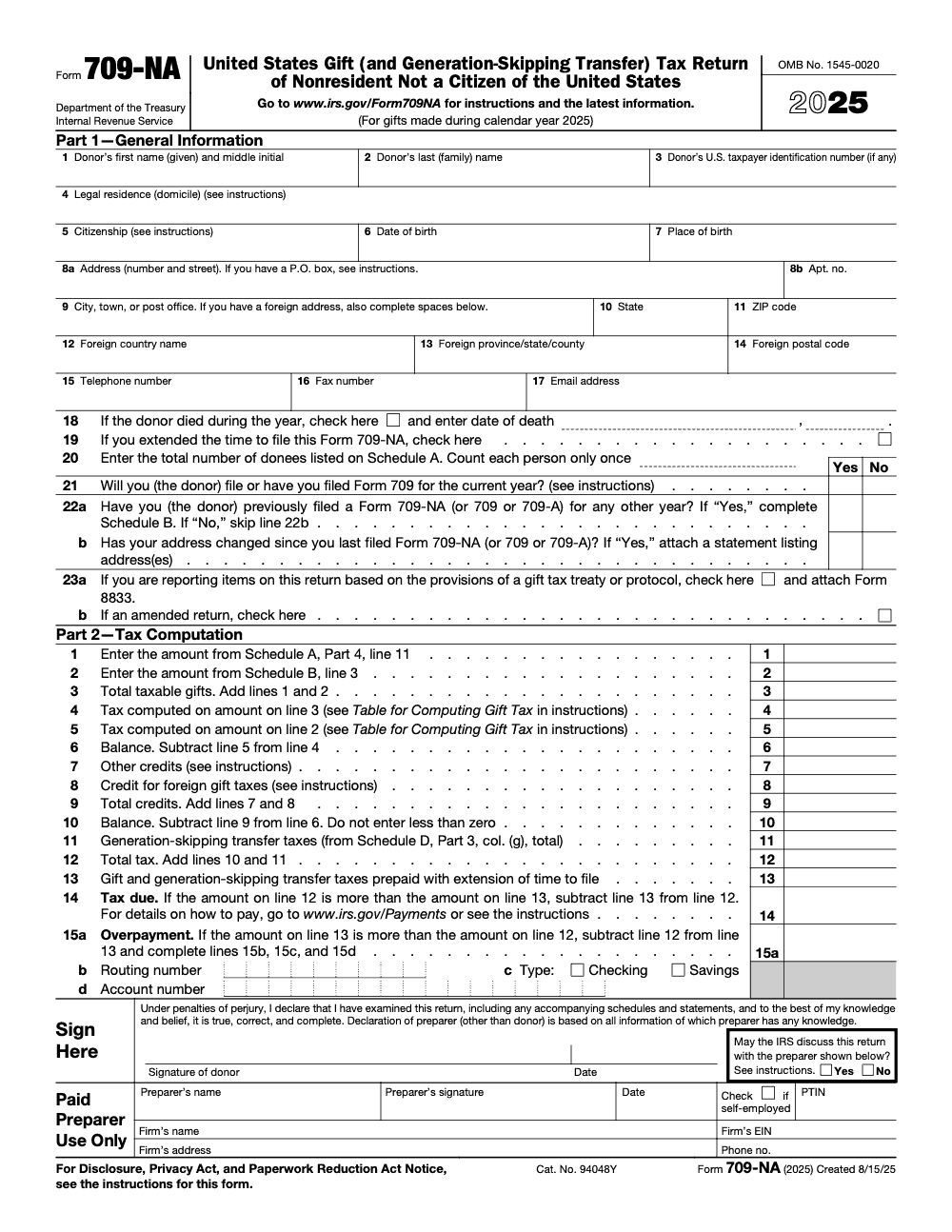 Page 1 of 8 of the official IRS Form 709‑NA PDF (2025 edition): Parts 1, 2, 4