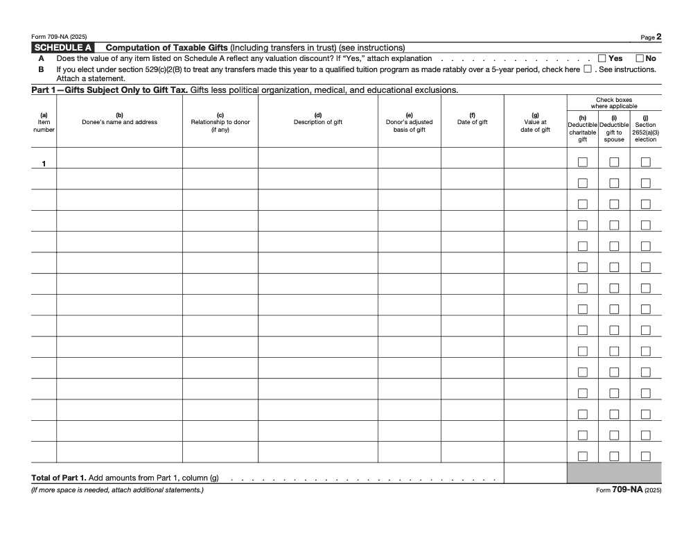 Page 2 of 8 of the official IRS Form 709‑NA PDF (2025 edition): Part 1