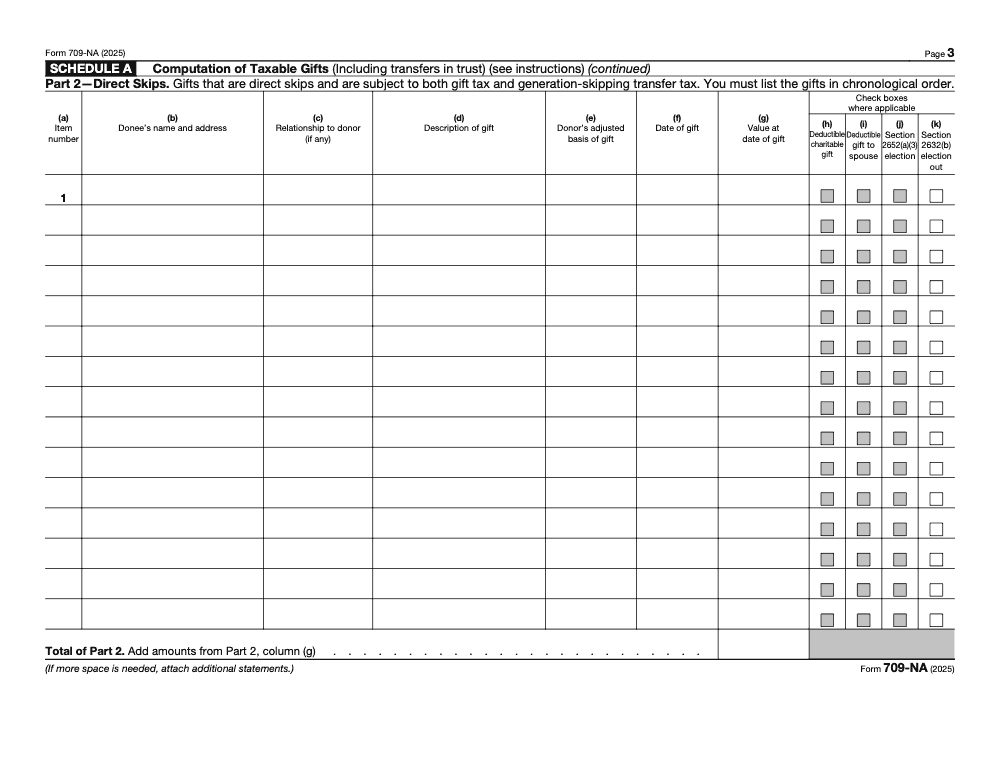 Page 3 of 8 of the official IRS Form 709‑NA PDF (2025 edition): Part 2