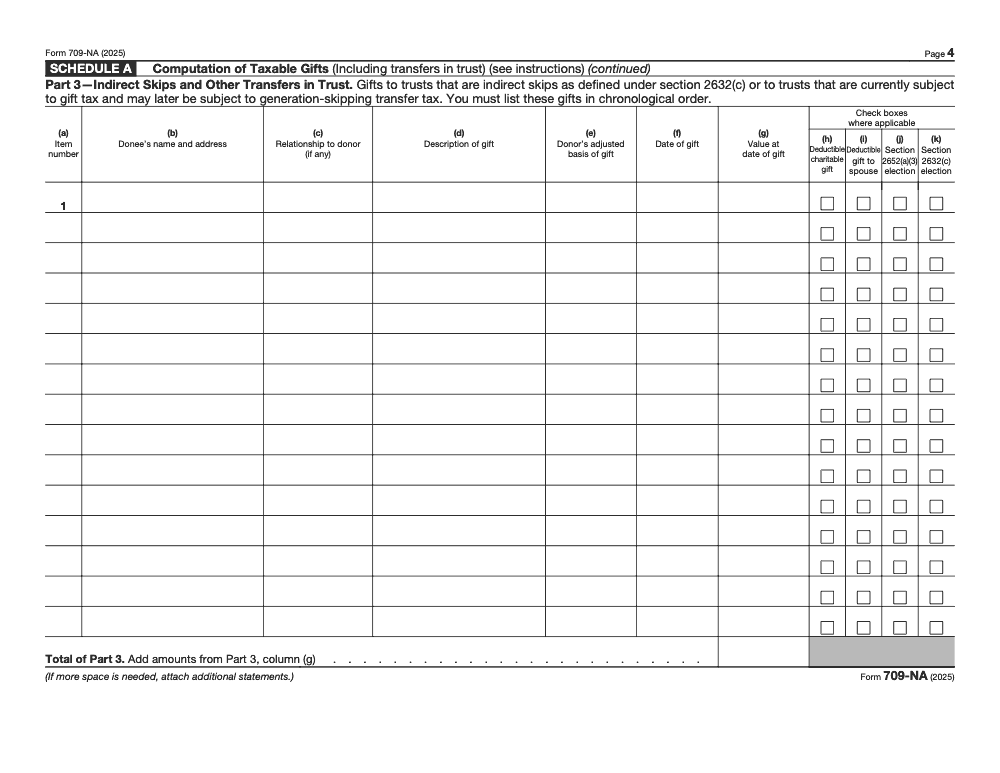 Page 4 of 8 of the official IRS Form 709‑NA PDF (2025 edition): Part 3