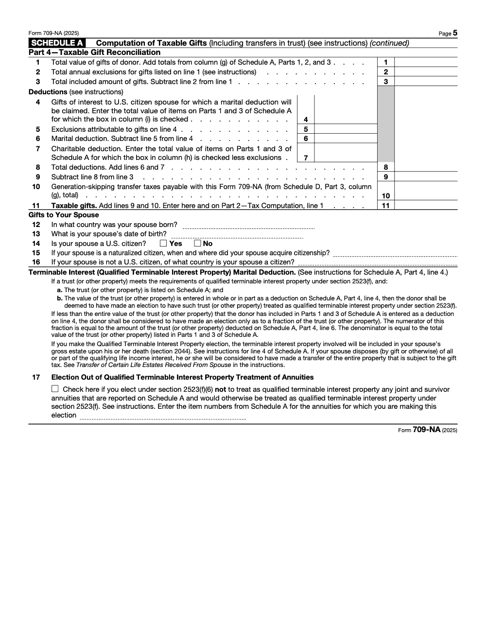Page 5 of 8 of the official IRS Form 709‑NA PDF (2025 edition): Parts 4, 3, 2