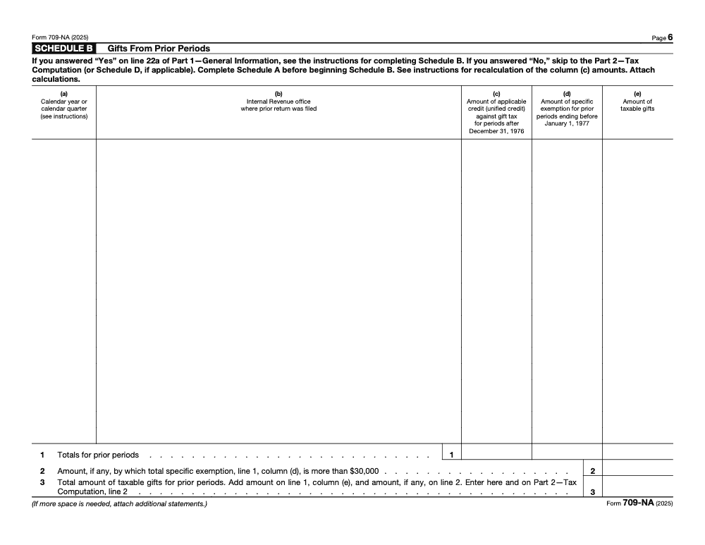 Page 6 of 8 of the official IRS Form 709‑NA PDF (2025 edition): Parts 1, 2