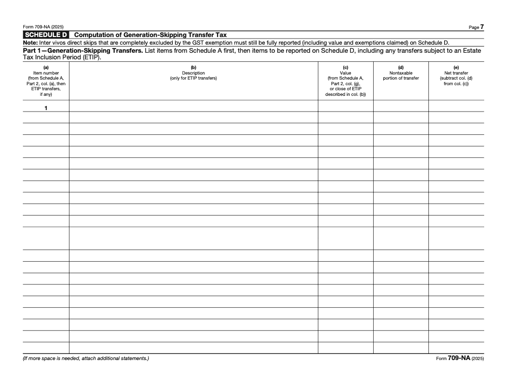 Page 7 of 8 of the official IRS Form 709‑NA PDF (2025 edition): Parts 1, 2