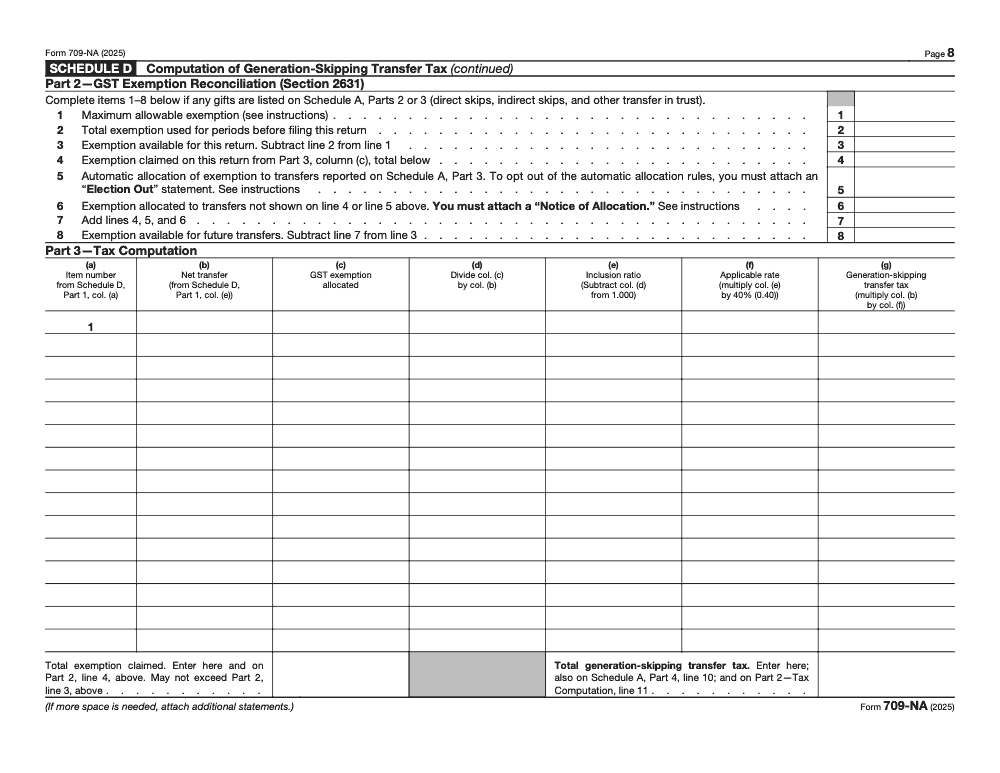 Page 8 of 8 of the official IRS Form 709‑NA PDF (2025 edition): Parts 2, 3, 1, 4