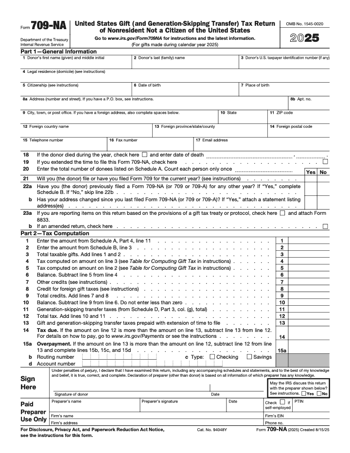 Page 1 of 8 of the official IRS Form 709‑NA PDF (2025 edition): Parts 1, 2, 4