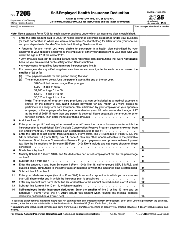 Page 1 of 1 of the official IRS Form 7206 PDF (2025 edition)