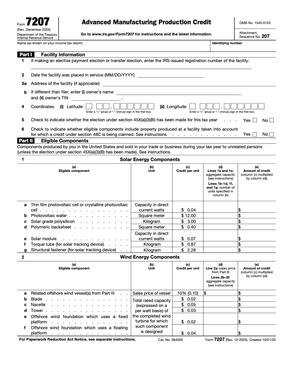 Page 1 of 5 of the official IRS Form 7207 PDF (Rev. December 2025): Parts I, II, III
