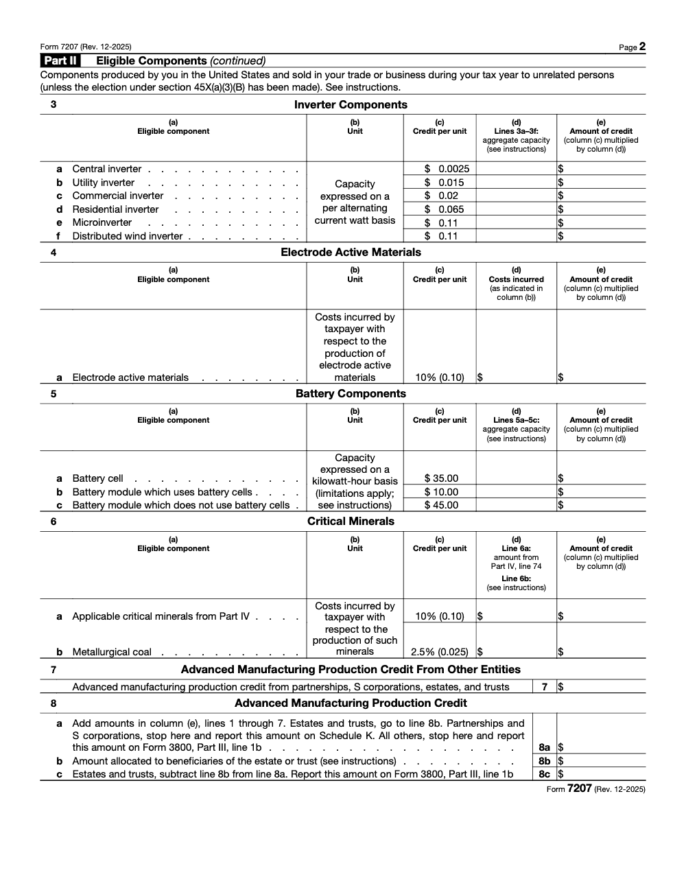 Page 2 of 5 of the official IRS Form 7207 PDF (Rev. December 2025): Parts II, IV, III