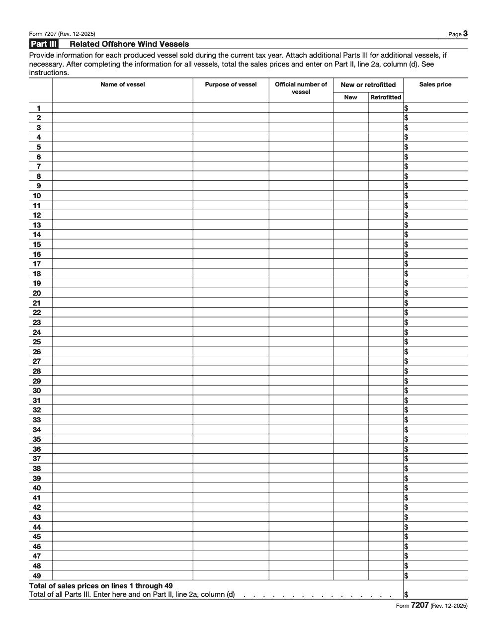 Page 3 of 5 of the official IRS Form 7207 PDF (Rev. December 2025): Parts III, II