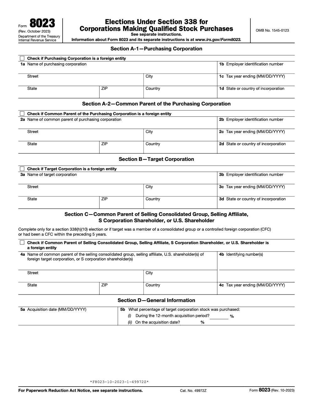 Page 1 of 3 of the official IRS Form 8023 PDF (Rev. October 2023)