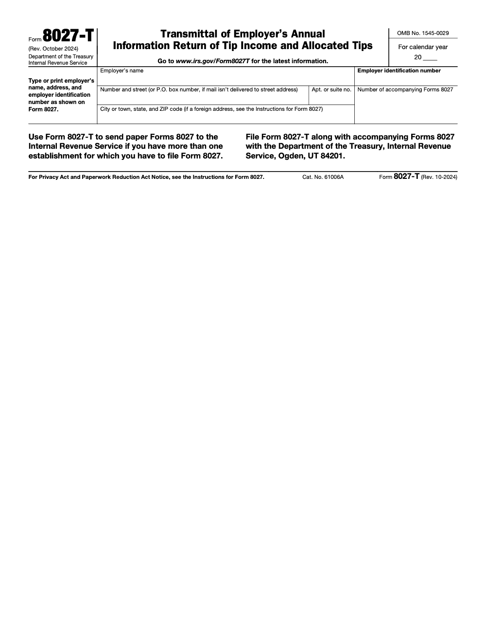 Page 1 of 1 of the official IRS Form 8027-T PDF (Rev. October 2024)