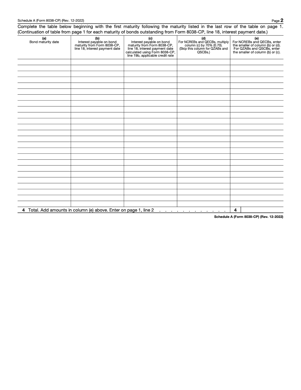 Page 2 of 2 of the official IRS Form 8038-CP Schedule A PDF (Rev. December 2022)