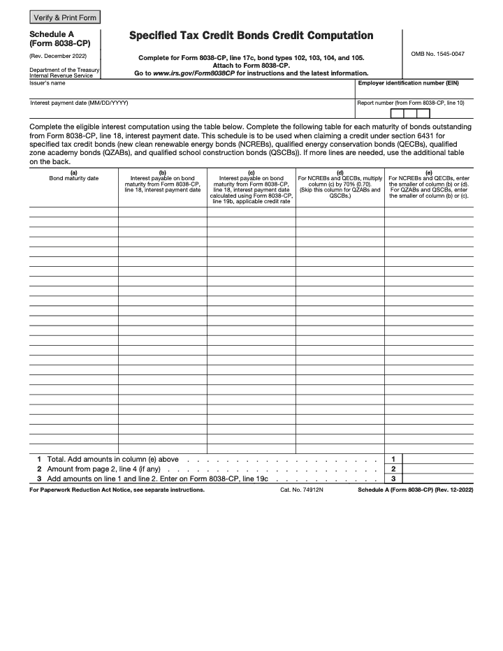Page 1 of 2 of the official IRS Form 8038-CP Schedule A PDF (Rev. December 2022)