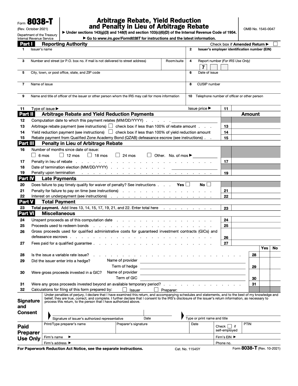 Page 1 of 1 of the official IRS Form 8038‑T PDF (Rev. October 2021): Parts I, II, III, IV, V, VI
