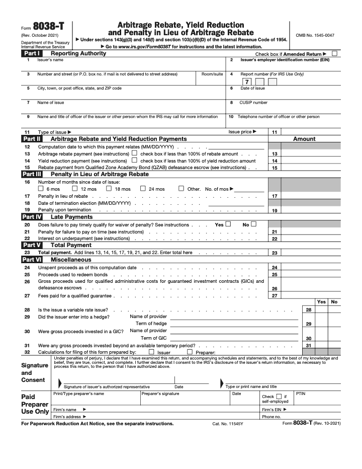 Page 1 of 1 of the official IRS Form 8038‑T PDF (Rev. October 2021): Parts I, II, III, IV, V, VI