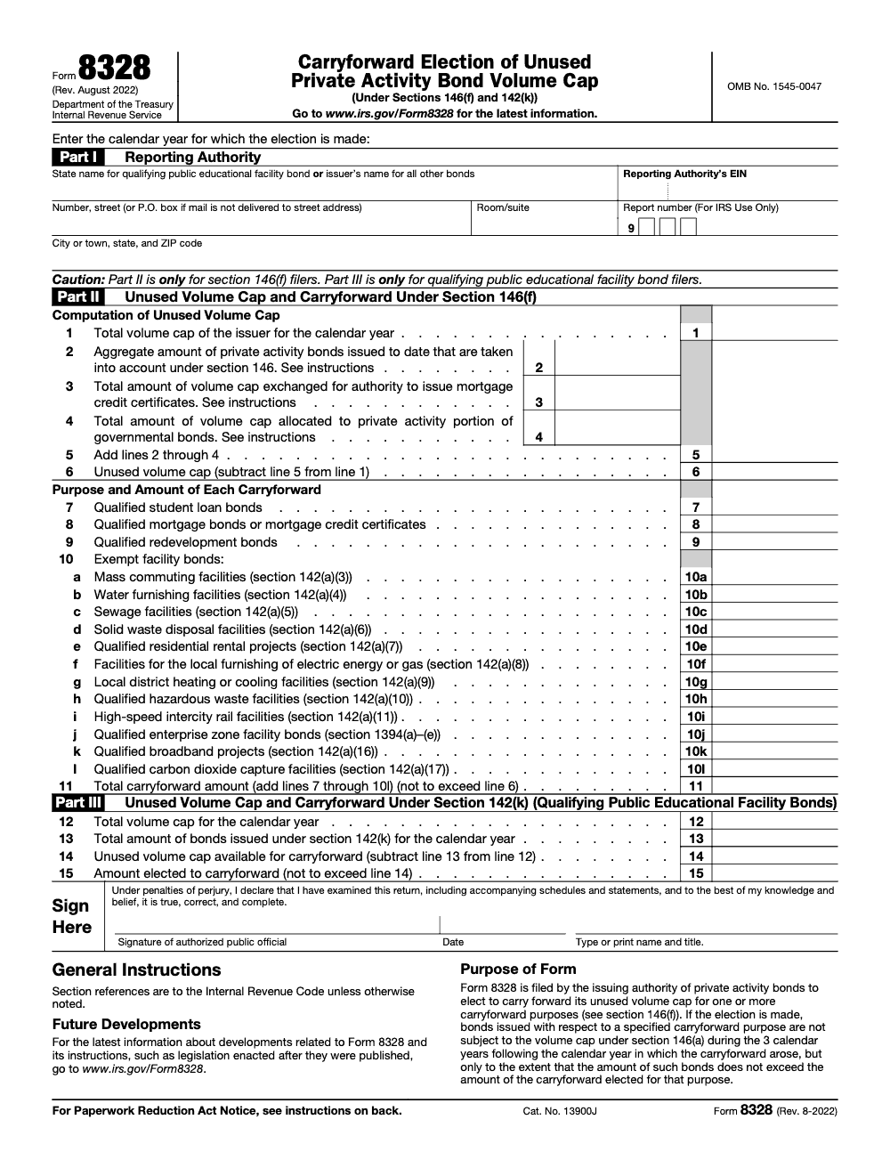 Page 1 of 2 of the official IRS Form 8328 PDF (Rev. August 2022): Parts I, II, III