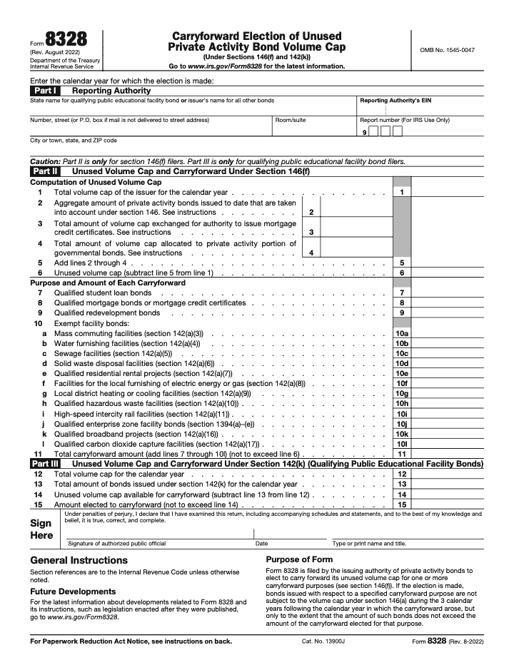Page 1 of 2 of the official IRS Form 8328 PDF (Rev. August 2022): Parts I, II, III