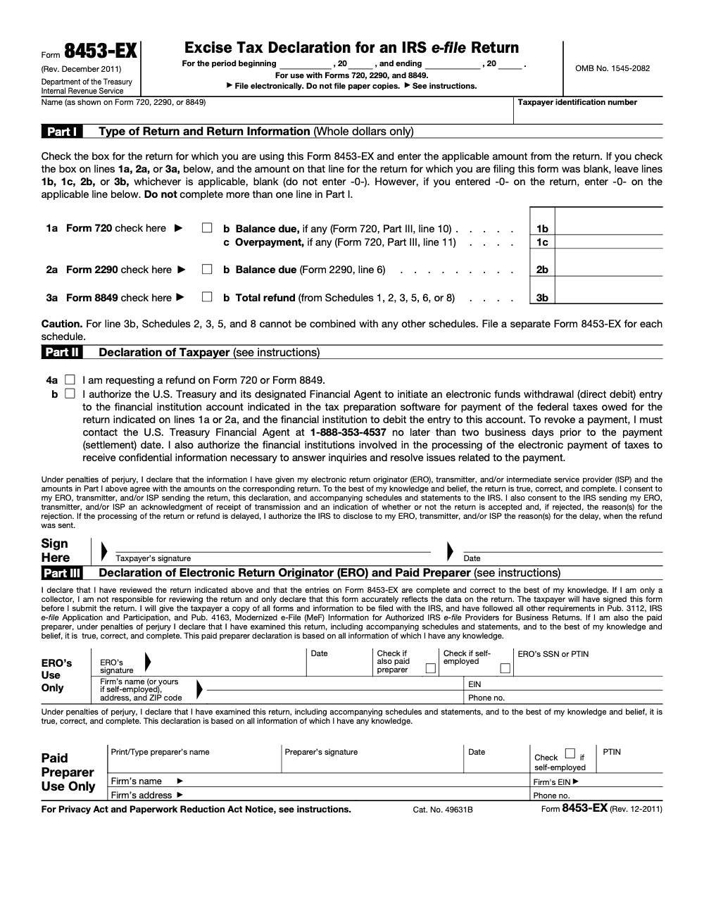 Page 1 of 2 of the official IRS Form 8453-EX PDF (Rev. December 2011): Parts I, III, II