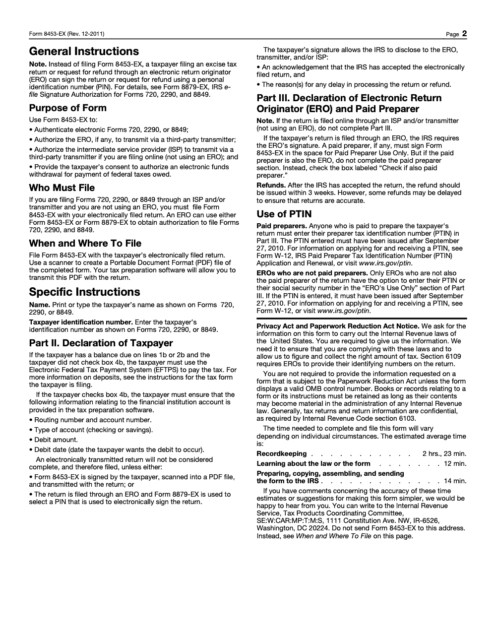 Page 2 of 2 of the official IRS Form 8453-EX PDF (Rev. December 2011): Part II; instructions