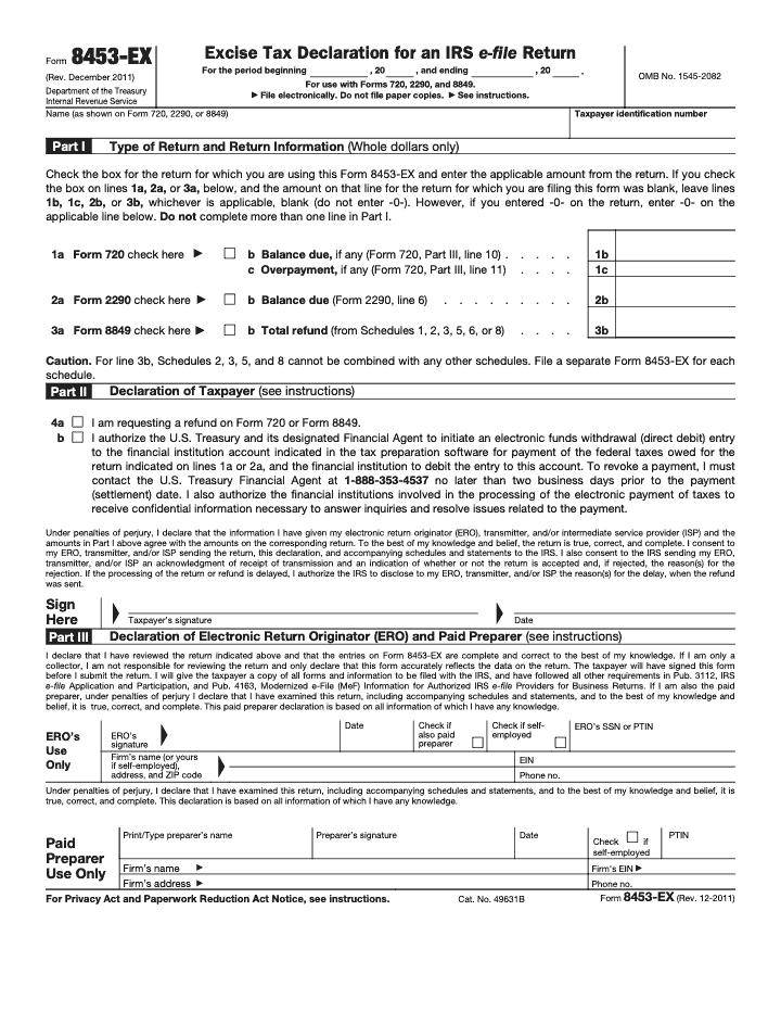 Page 1 of 2 of the official IRS Form 8453-EX PDF (Rev. December 2011): Parts I, III, II