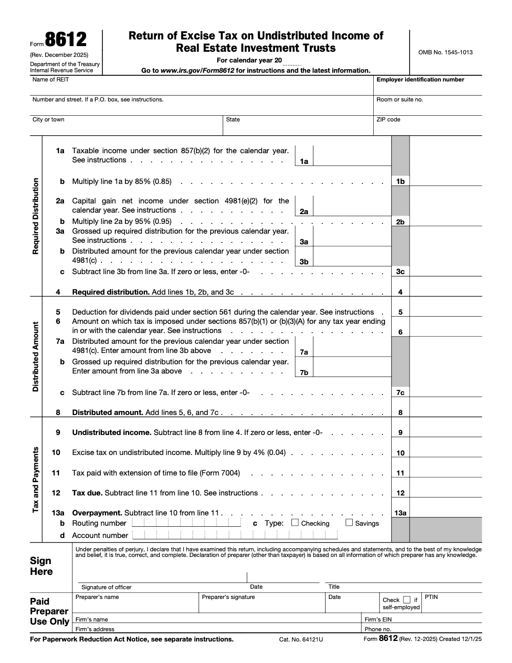 Page 1 of 1 of the official IRS Form 8612 PDF (Rev. December 2025)