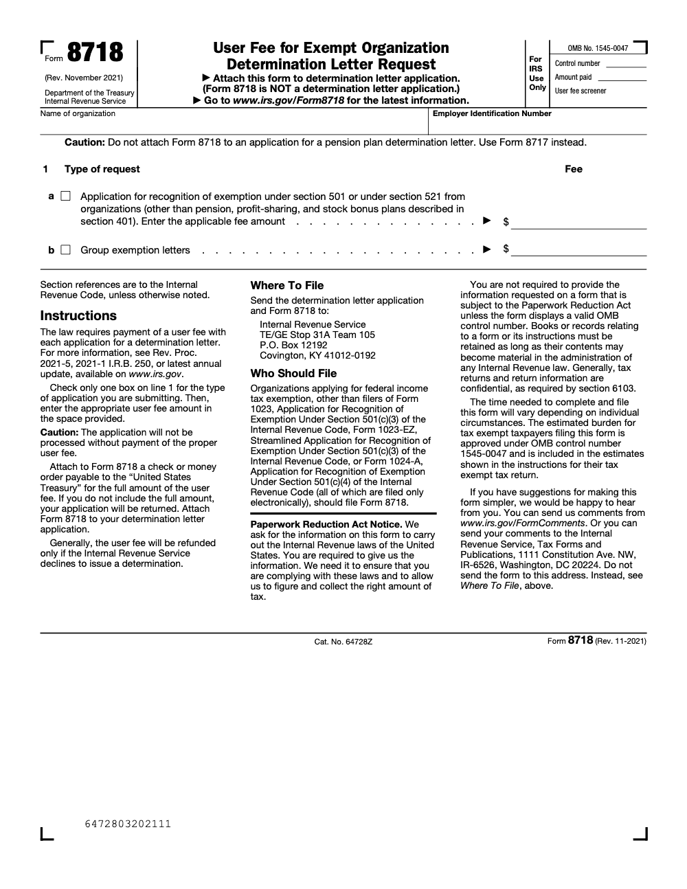 Page 1 of 1 of the official IRS IRS Form 8718 PDF (Rev. November 2021)