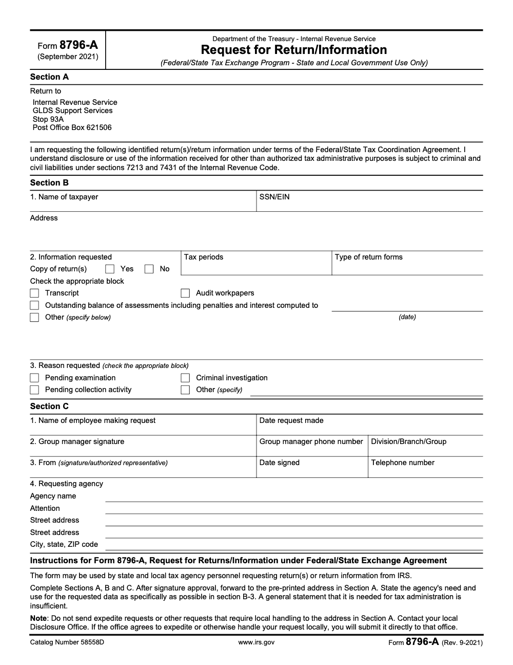 Page 1 of 1 of the official IRS Form 8796-A PDF (Rev. September 2021)