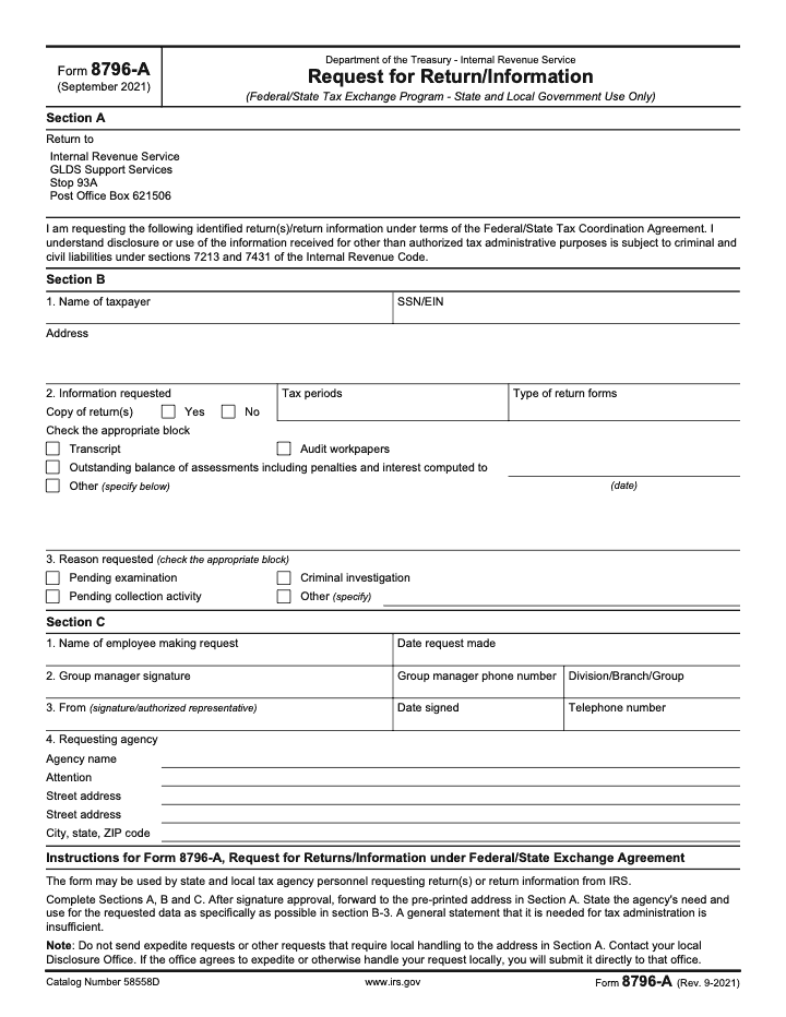 Page 1 of 1 of the official IRS Form 8796-A PDF (Rev. September 2021)