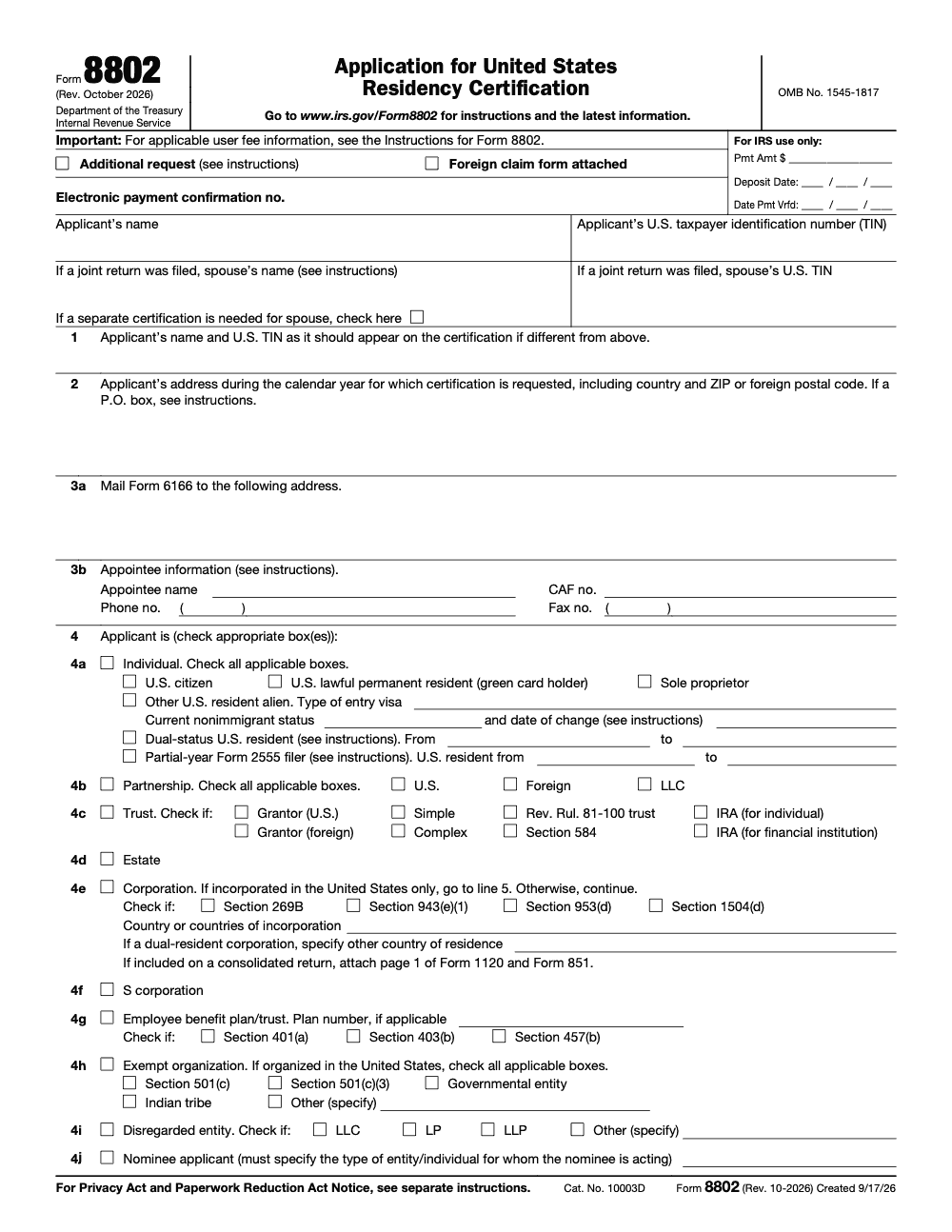 Page 1 of 3 of the official IRS Form 8802 PDF (Rev. October 2026)