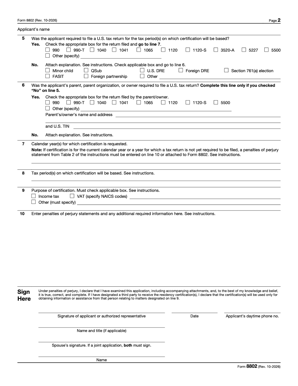 Page 2 of 3 of the official IRS Form 8802 PDF (Rev. October 2026)