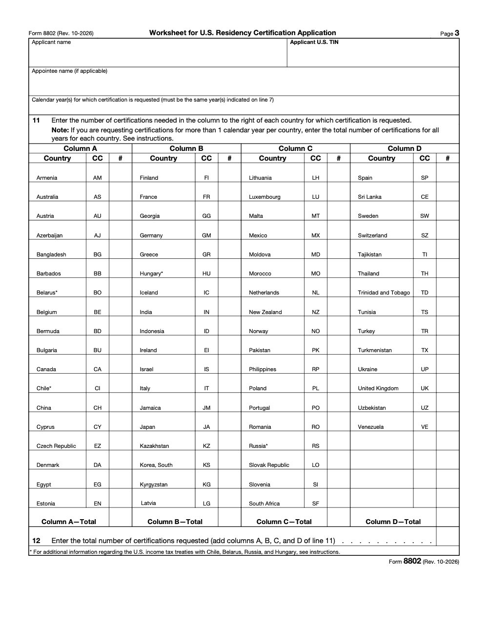 Page 3 of 3 of the official IRS Form 8802 PDF (Rev. October 2026)